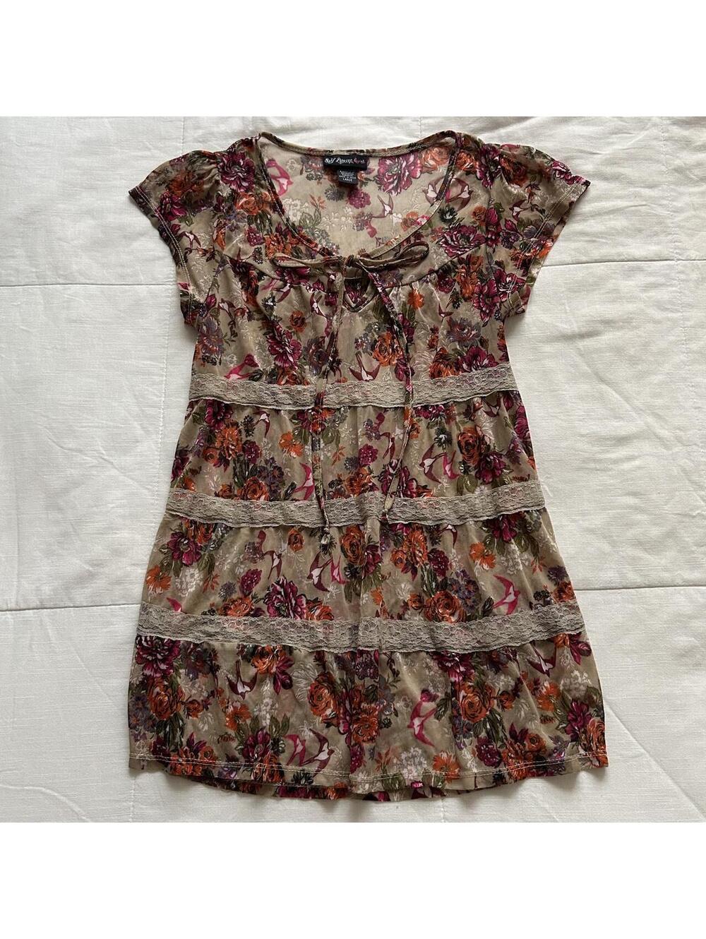 Y2K Self Esteem Floral Babydoll Tunic Top Large Beige Lace Trim Boho Fairy